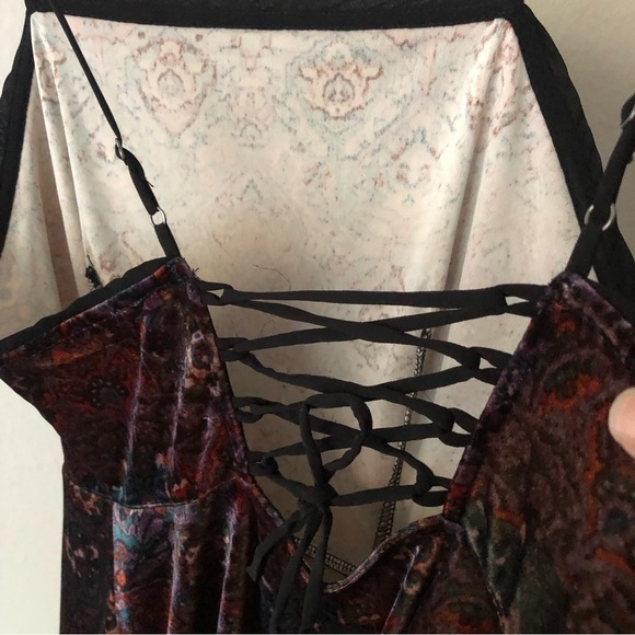 Urban Outfitters Ecote LACE-UP Boho Print Velvet FIT & FLARE Dress Black S - Picture 10 of 13